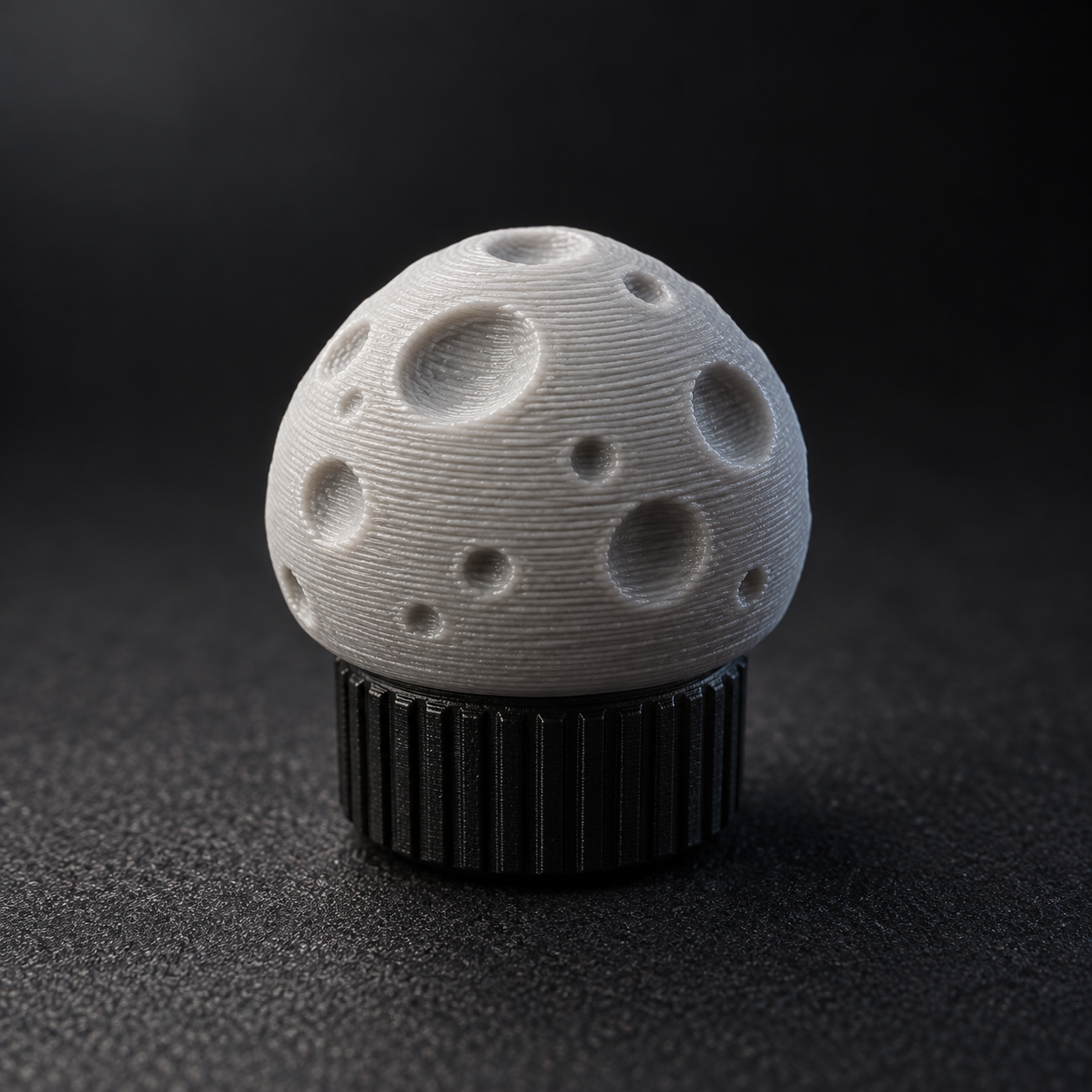 Pale gray cratered moon-shaped 3D-printed valve-cap shell concept