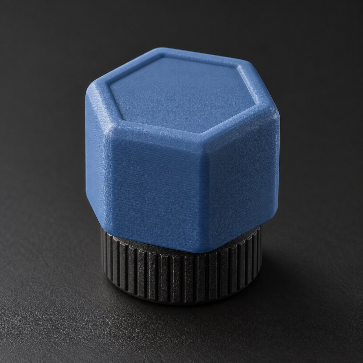 Blue hexagonal decorative valve-cap shell concept with a blank top panel